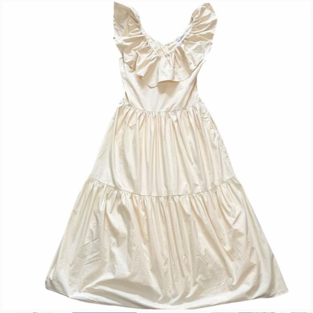 English Factory Midi Dress S Beige Ruffle Neck Sleeveless Cottagecore Girly NWT - Picture 2 of 4